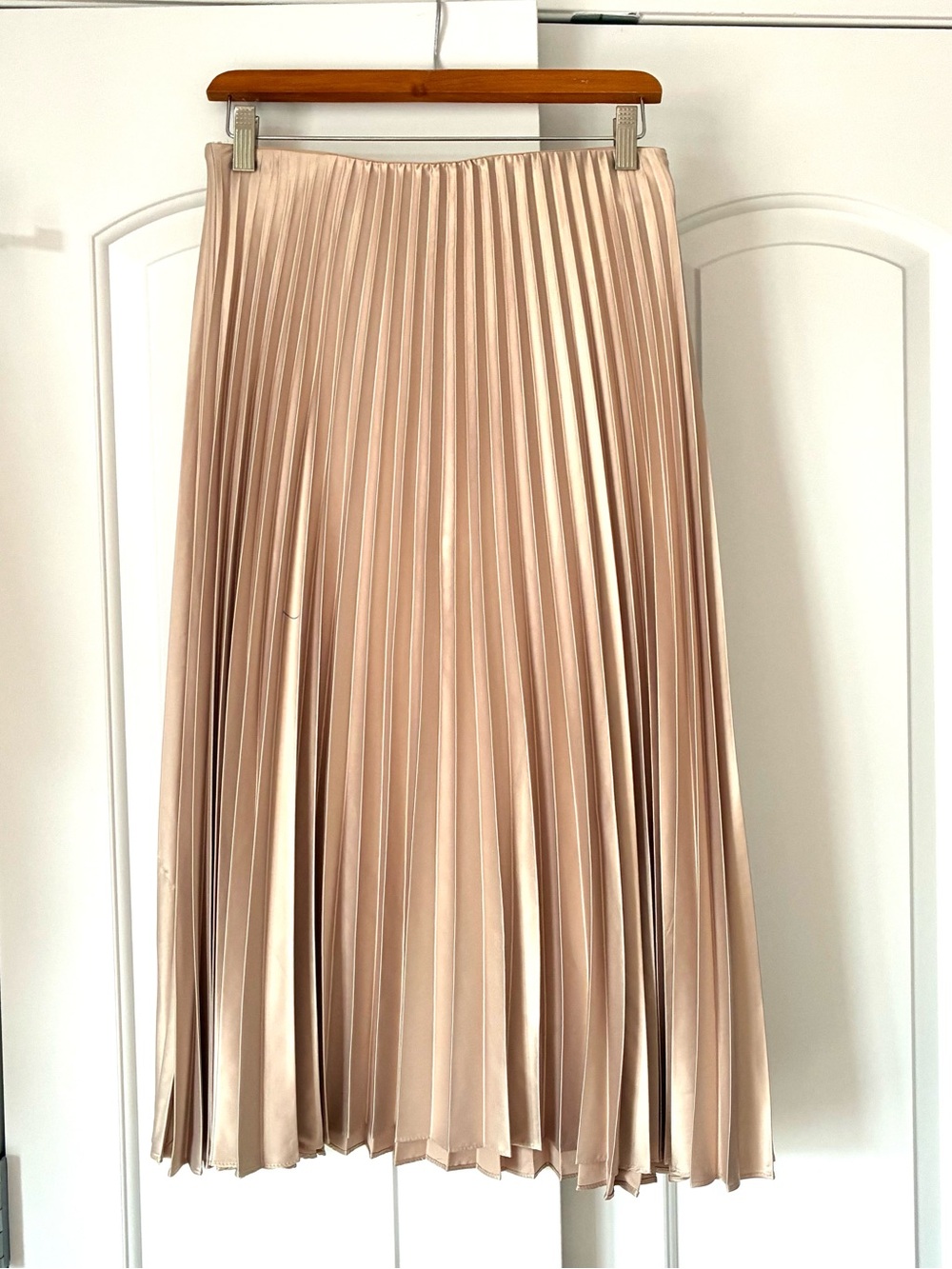 Pleated Satin Midi Skirt in Champagne
